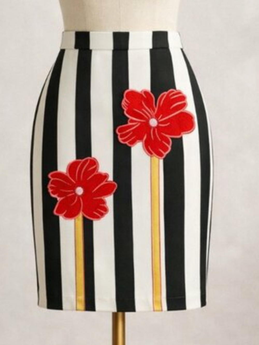 Vintage Upcycled Silk Pencil Skirt Striped Floral Appliqué Black Red | Size 12